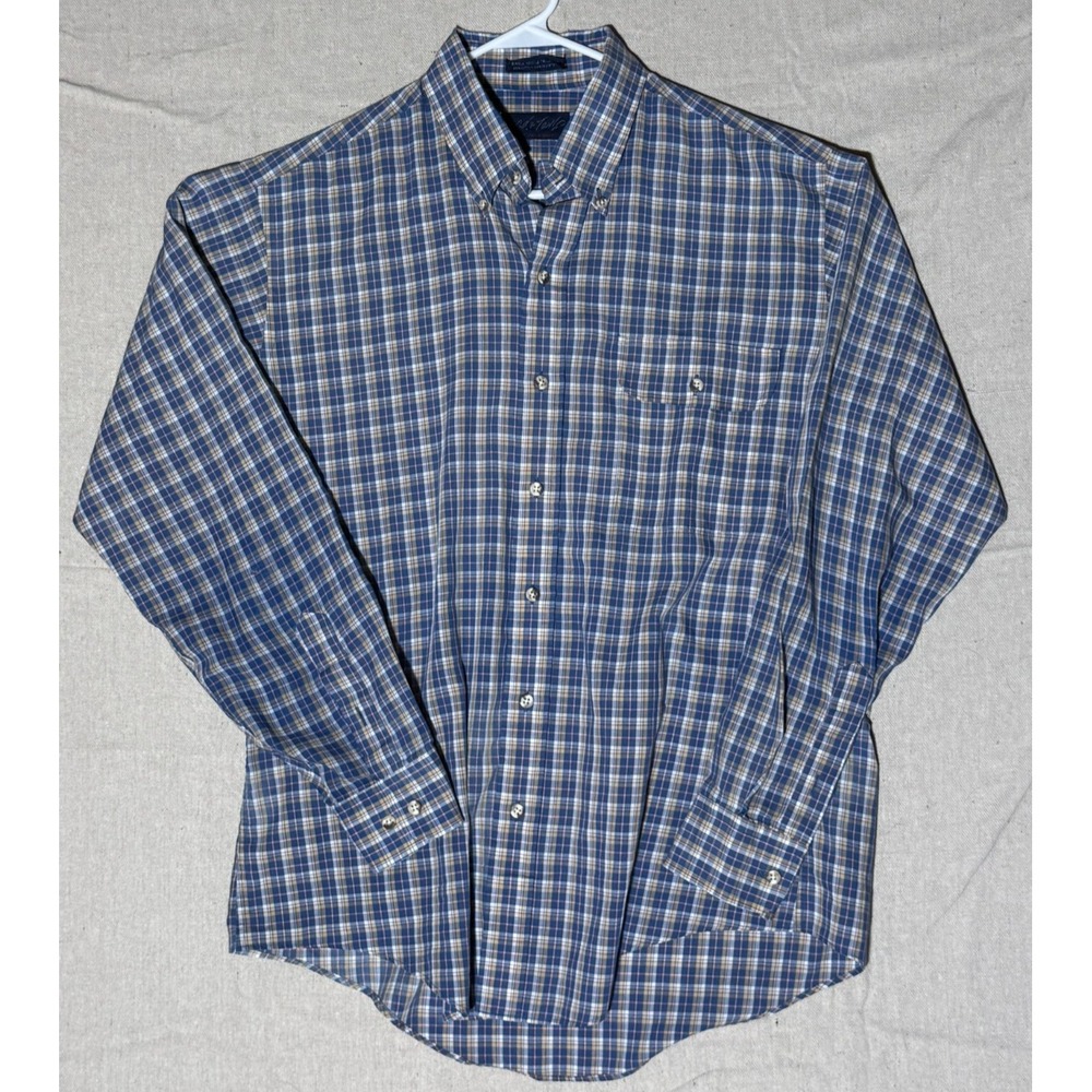 Vintage Lord and Taylor Shirt Mens Long Sleeve Button Down Plaid Blue Tan M L